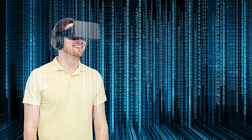 3d technology, virtual reality, programming, entertainment and people concept - happy young man with virtual reality headset or 3d glasses over blue binary code numbers and black background