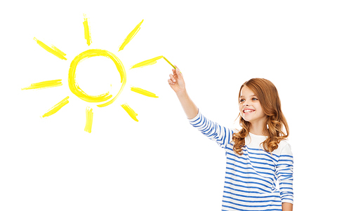 education, school and happy people concept - cute little girl drawing big sun in the air