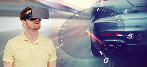 3d technology, virtual reality, entertainment and people concept - young man with virtual reality headset or 3d glasses playing car racing game over tachometer and street race background