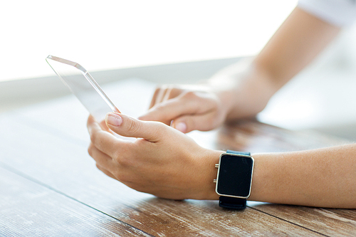 business, technology and people concept - close up of woman hand holding and showing transparent smart phone and watch at office