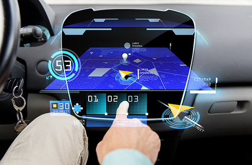 transport, driving, technology, navigation and people concept - close up of male hand using gps navigator application on car computer