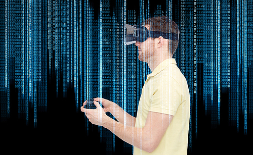 3d technology, virtual reality, programming, entertainment and people concept - happy young man with virtual reality headset playing with game controller gamepad over binary code and black background