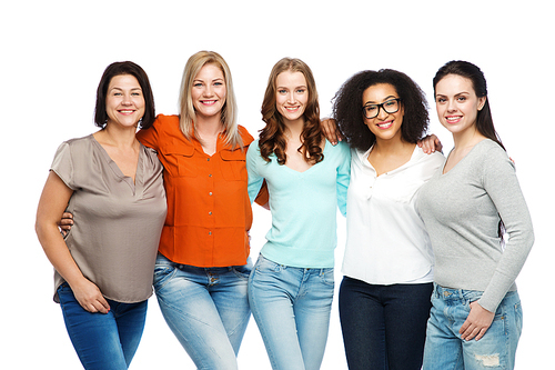friendship, fashion, body positive, diverse and people concept - group of happy different size women in casual clothes