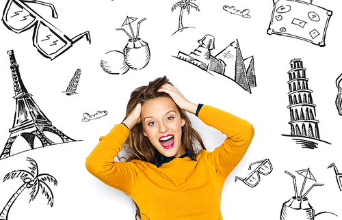 people, tourism, vacation and summer holidays concept - happy young woman or teen girl in casual clothes holding touching hair over touristic doodles