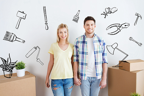 home, people, repair and real estate concept - smiling couple with big cardboard boxes moving to new place over doodles