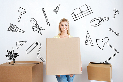 moving, repair, housing, accommodation and people concept - smiling young woman with cardboard box at home over doodles