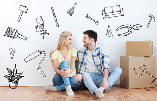 home, people, repair, moving and real estate concept - happy couple with many cardboard boxes sitting on floor at new place over doodles