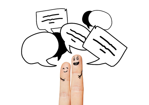 communication, family, couple, people and body parts concept - close up of two fingers with different facial expressions and text clouds