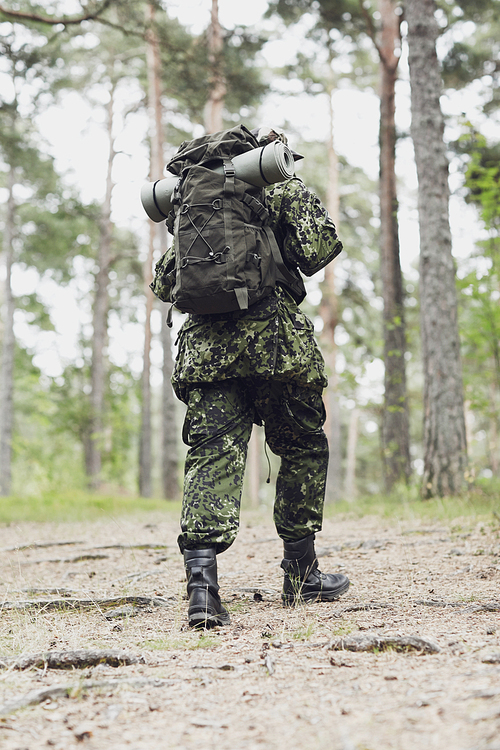 war, hiking, army and people concept - young soldier, ranger or hunter with backpack walking in forest