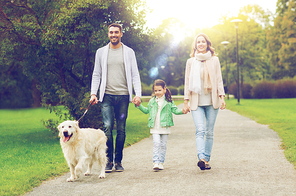 family, pet, domestic animal and people concept - happy family with labrador retriever dog walking  in summer park