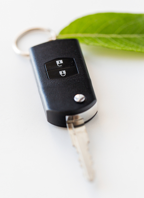 conservation, environment, transport and ecology concept - close up of car key and green leaf trinket