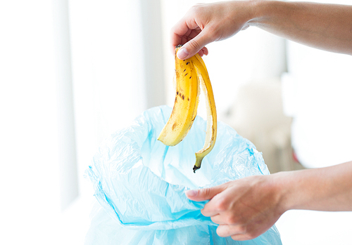 recycling, food waste, garbage, environment and ecology concept - close up of hand putting banana peel into rubbish bag at home