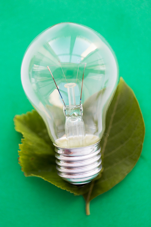 recycling, energy saving, electricity, environment and ecology concept - close up of lightbulb or incandescent lamp on green