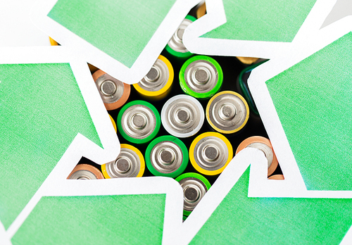 waste recycling, garbage disposal, environment and ecology concept - close up of used alkaline batteries and green recycling symbol