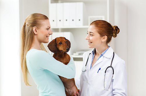 medicine, pet care and people concept - happy woman with dachshund dog and veterinarian doctor talking at vet clinic