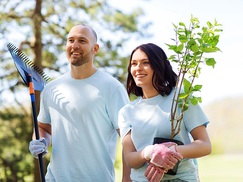 volunteering, charity, people and ecology concept - happy couple volunteers with tree seedlings and rake walking in park
