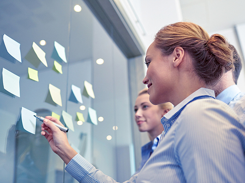 business, people, teamwork and planning concept - smiling business team with marker and stickers working in office