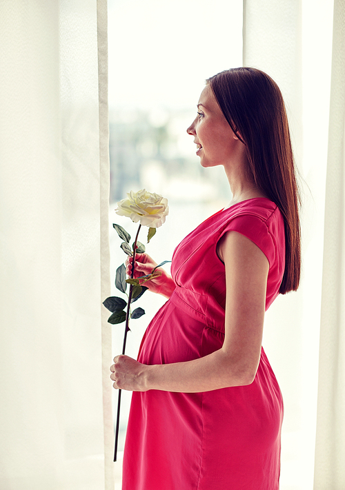 pregnancy, motherhood, people, holidays and expectation concept - happy pregnant woman with white rose flower at home