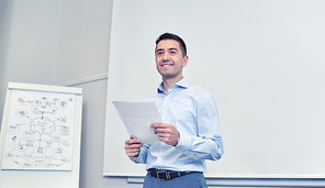 business and people concept - smiling businessman on presentation in office