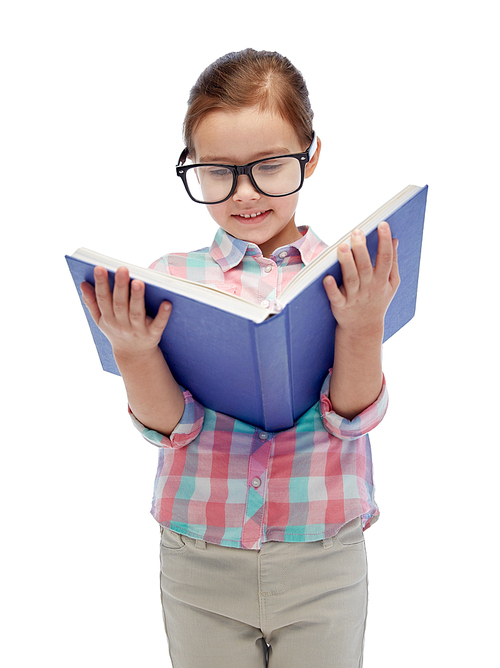 childhood, school, education, vision and people concept - happy little girl in eyeglasses reading book