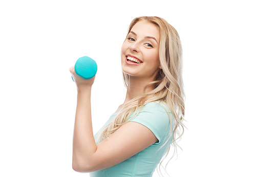 fitness, sport, exercising and people concept - smiling beautiful sporty woman with dumbbell