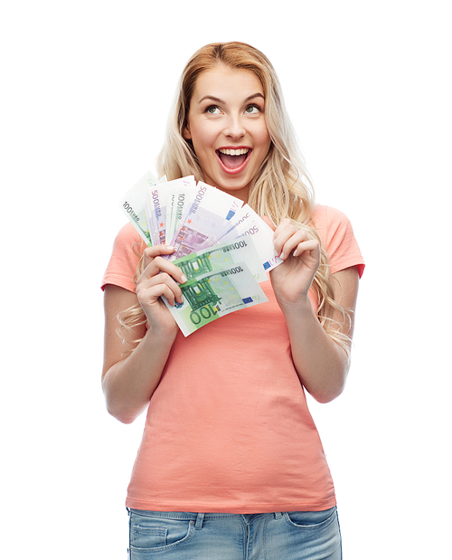 money, finances, investment, saving and people concept - happy young woman with euro cash money