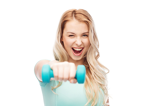 fitness, sport, exercising and people concept - smiling beautiful sporty woman with dumbbell