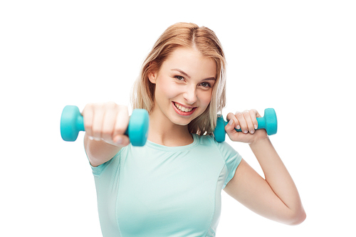 fitness, sport, exercising and people concept - smiling beautiful sporty woman with dumbbell in fight stand