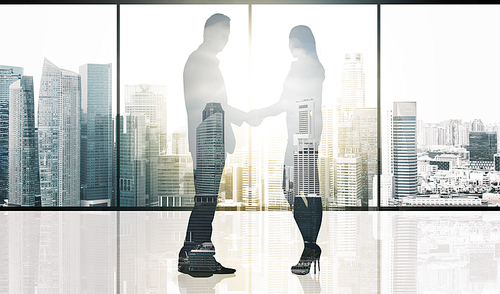 business, teamwork, partnership, cooperation and people concept - partners shaking hands over office window and singapore city skyscrapers background and sun light double exposure effect