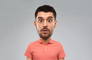 emotion, facial expressions and people concept - surprised man in polo shirt over gray background (funny cartoon style character with big head)