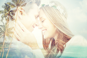 summer holidays, love, romance and people concept - happy smiling young hippie couple hugging over beach background with double exposure effect