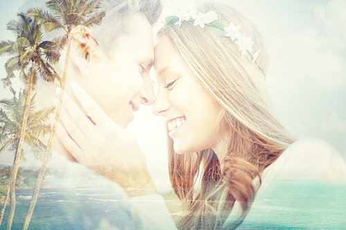 summer holidays, love, romance and people concept - happy smiling young hippie couple hugging over beach background with double exposure effect