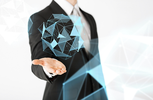 people and business concept - close up of businessman showing virtual polygonal matrix l projection