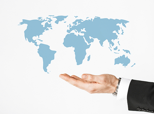 people and business concept - close up of businessman hand showing world map
