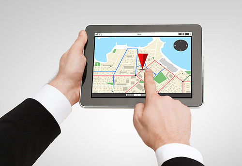business, navigation, internet and technology concept - close up of man hands holding tablet pc computer with gps navigator map on screen