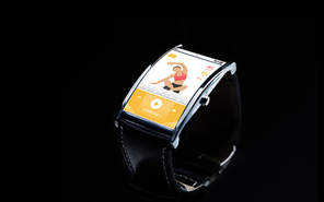 modern technology, sport, object and media concept - close up of black smart watch with fitness app on screen