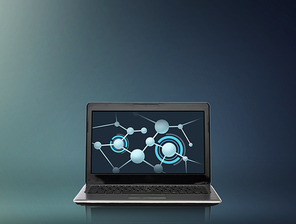 technology, network, science and internet concept - laptop computer with molecules structure on screen over gray background