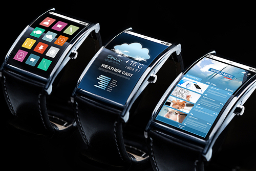 modern technology, object and media concept - close up of black smart watch set with weather cast, business news and menu icons