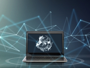 technology and cyberspace concept - laptop computer with low poly shape on screen over dark gray background
