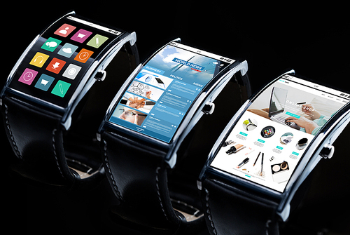 modern technology, internet shopping, object and media concept - close up of black smart watch with business news, menu icons and online shop web page on screen
