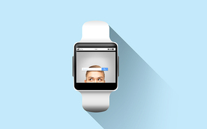 modern technology, object and media concept - close up of black smart watch with internet browser search bar on screen over blue background