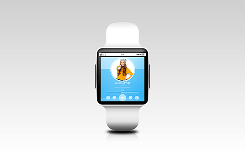 modern technology, object and media concept - close up of black smart watch with music player on screen over gray background