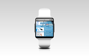 modern technology, mass media and object concept - close up of black smart watch with business news on screen over gray background