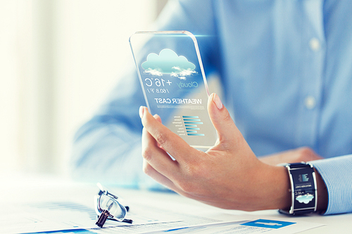 technology, application, weather, forecast and people concept - close up of woman hand holding transparent smartphone with cloud icon and air temperature on screen at office