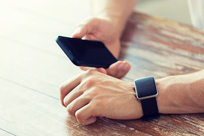 business, technology and people concept - close up of male hand holding smart phone and wearing watch at home