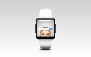 modern technology, object and media concept - close up of smart watch with internet browser search bar on screen over gray background