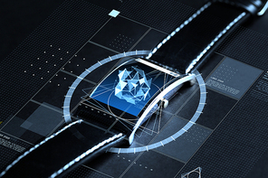 modern technology, science, object and media concept - close up of black smart watch with polygonal shape projection over screen