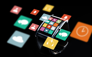 modern technology, object and multimedia concept - close up of black smart watch with menu icons on screen