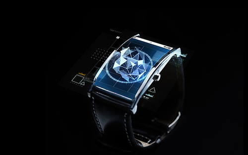 modern technology, science, object and media concept - close up of black smart watch with polygonal shape projection over screen