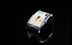 modern technology, navigation, location, object and media concept - close up of black smart watch with gps navigator map on screen